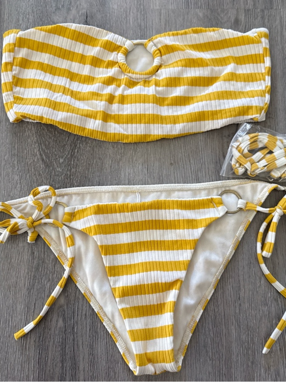 Billabong Small Yellow and White Striped Bandeau Bikini Set (with strap included